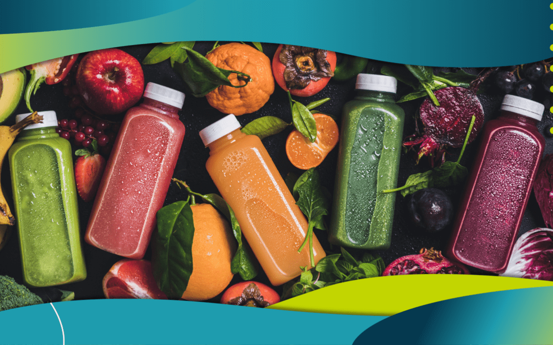 A vibrant array of fruit and vegetable juices in red, green, and orange colors, displayed alongside fresh produce such as apples, oranges, bananas, and leafy greens, set against a dark background with a colorful top and bottom border.