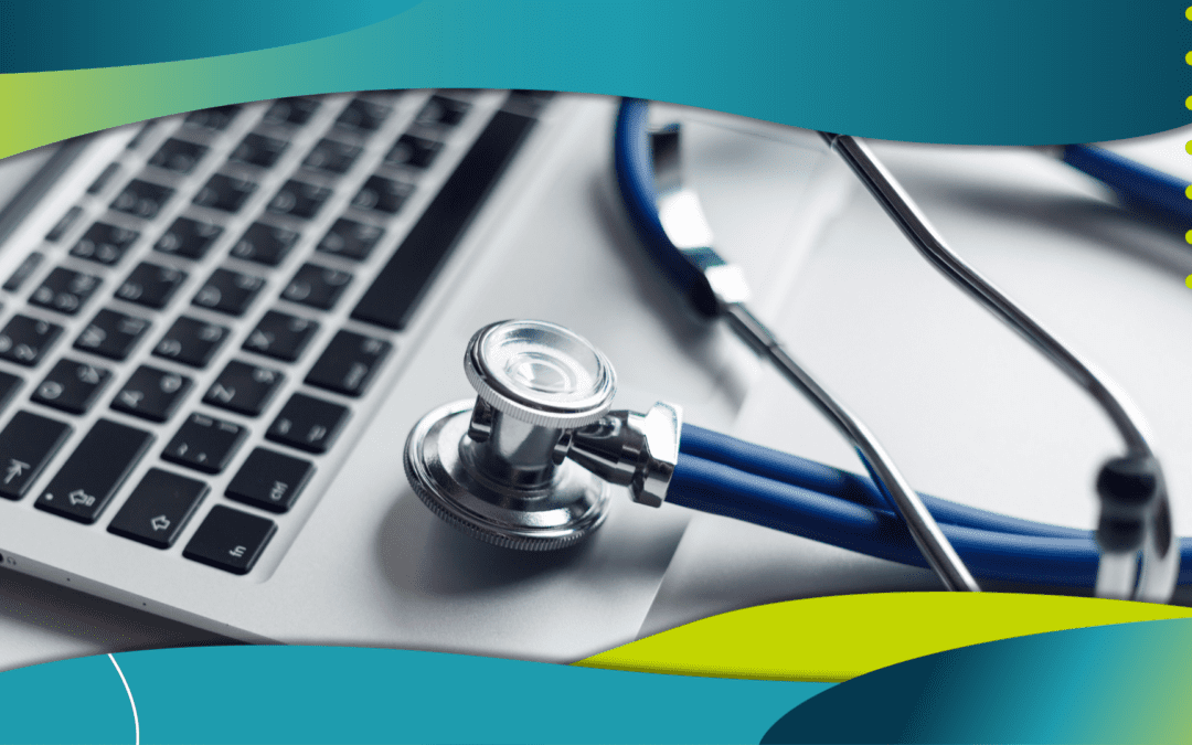Stethoscope resting on a laptop keyboard, representing the intersection of healthcare, digital marketing, and technology.