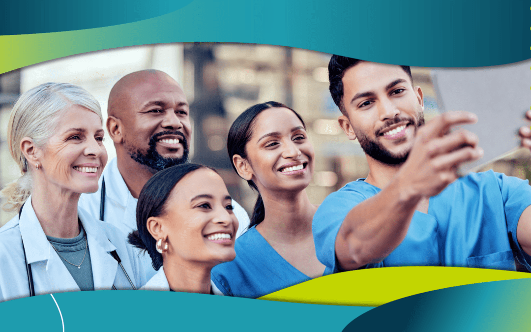 Social Media in Healthcare: A diverse healthcare team, representing different ages and ethnicities, smiles as they take a group selfie outdoors. The image reflects camaraderie and engagement in social media healthcare, with vibrant blue and green graphic elements in the background.