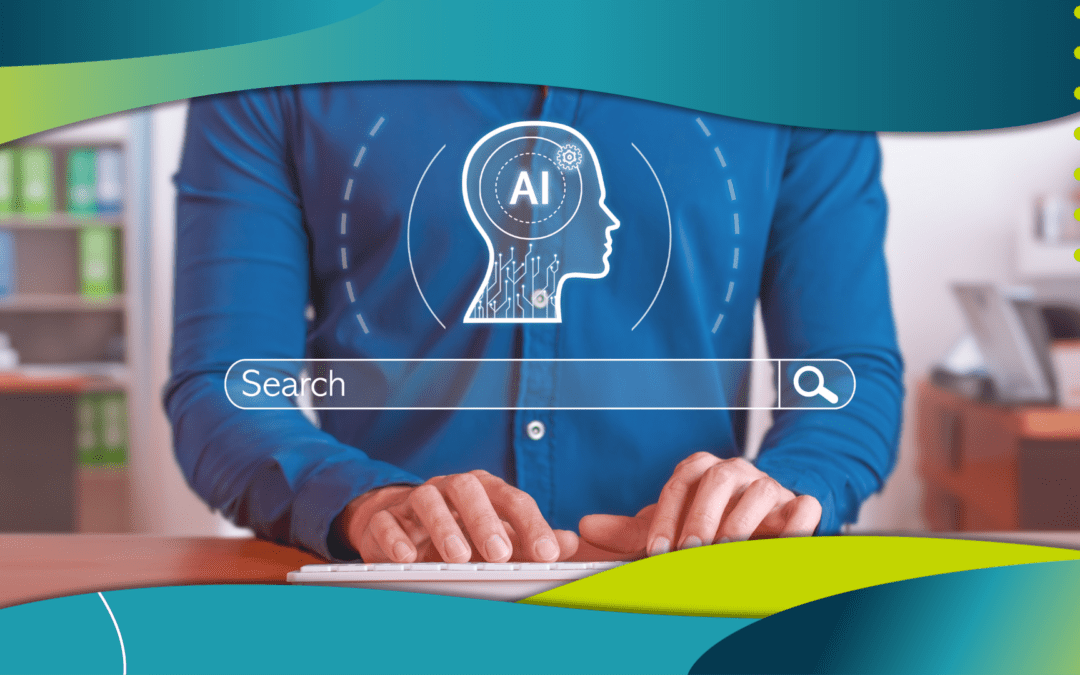 AI and SEO: User searching and an overlay of AI icon with search bar on the graphic