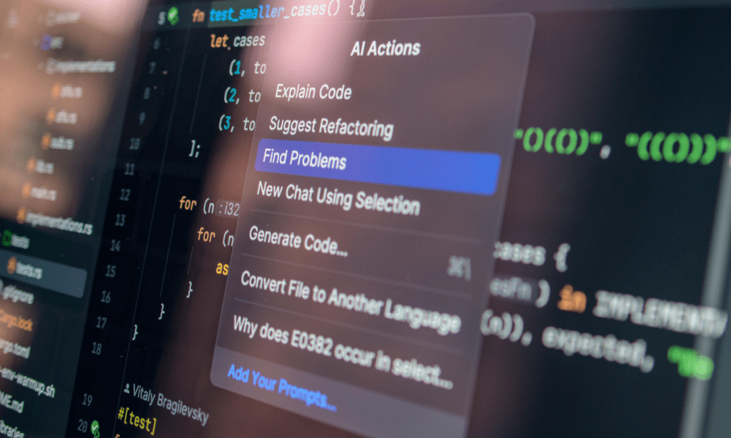 A close up image of a computer screen shows a menu opened titled "AI actions," demonstrating the importance of having AI-built systems as LLMs become the standard avenue for internet search inquiries. 